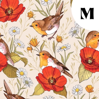 Tissu illustré "Rouges-gorges et coquelicots"