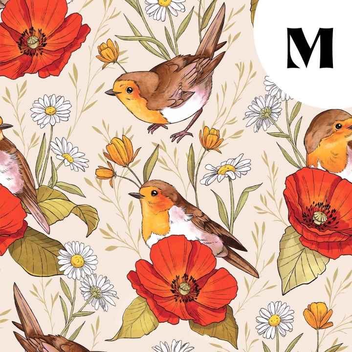 Tissu illustré "Rouges-gorges et coquelicots"