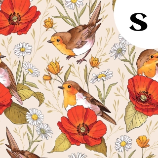 Tissu illustré "Rouges-gorges et coquelicots"