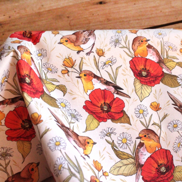 Tissu illustré "Rouges-gorges et coquelicots"