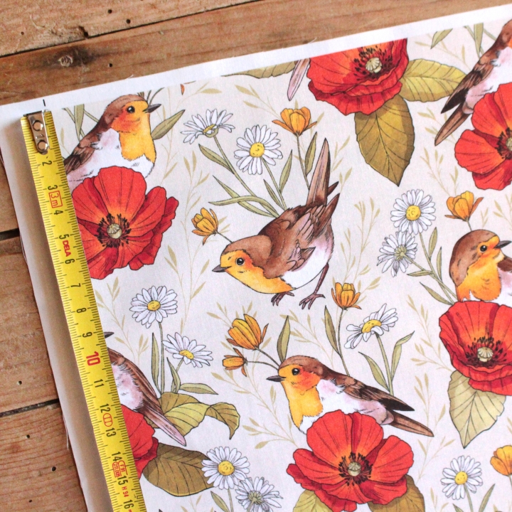 Tissu illustré "Rouges-gorges et coquelicots"