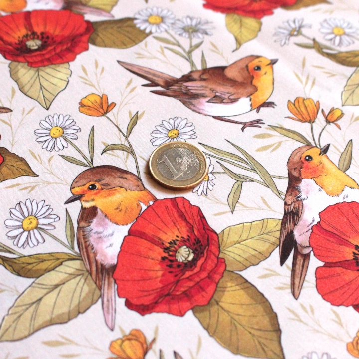 Tissu illustré "Rouges-gorges et coquelicots"