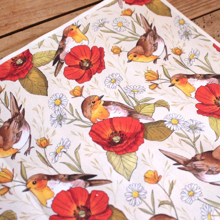 Tissu illustré "Rouges-gorges et coquelicots"