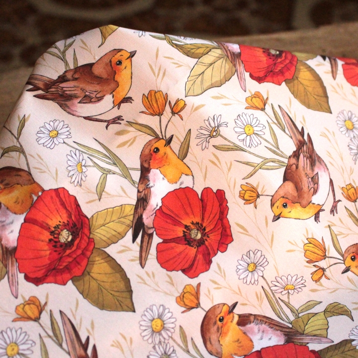 Tissu illustré "Rouges-gorges et coquelicots"