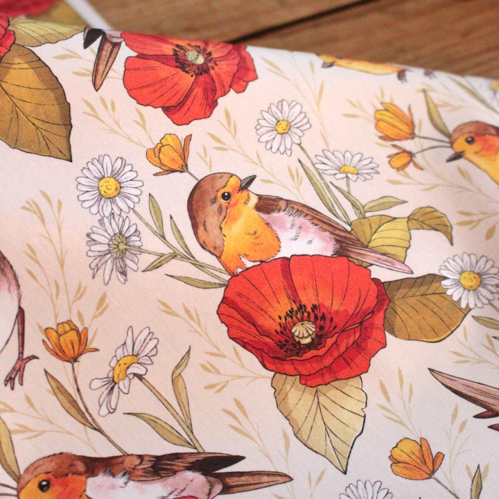 Tissu illustré "Rouges-gorges et coquelicots"