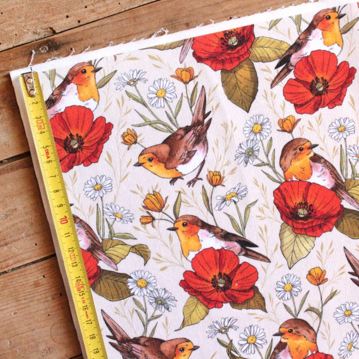 Tissu illustré "Rouges-gorges et coquelicots"