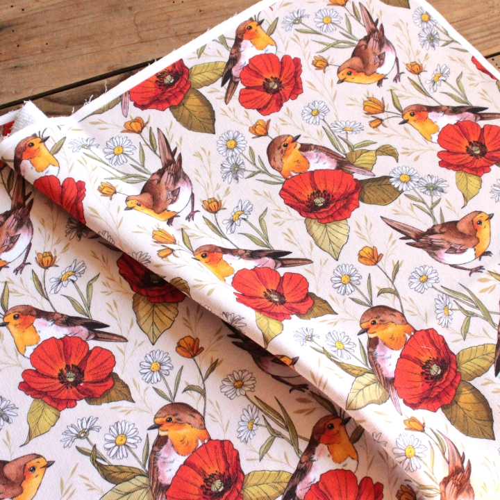 Tissu illustré "Rouges-gorges et coquelicots"