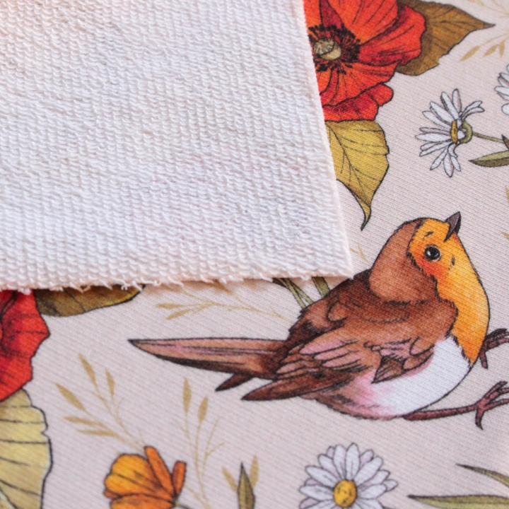 Tissu illustré "Rouges-gorges et coquelicots"