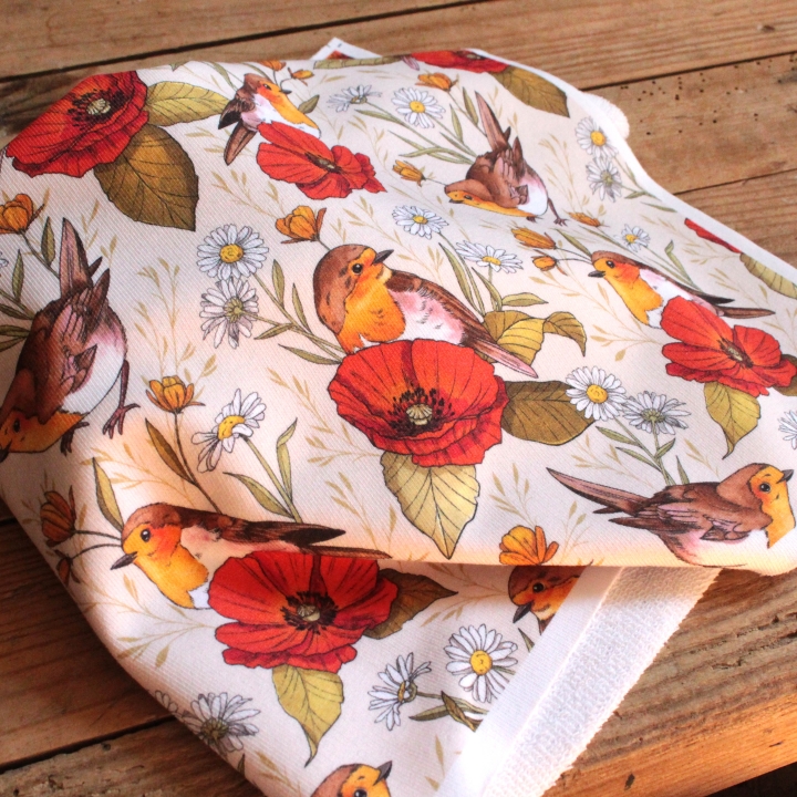Tissu illustré "Rouges-gorges et coquelicots"