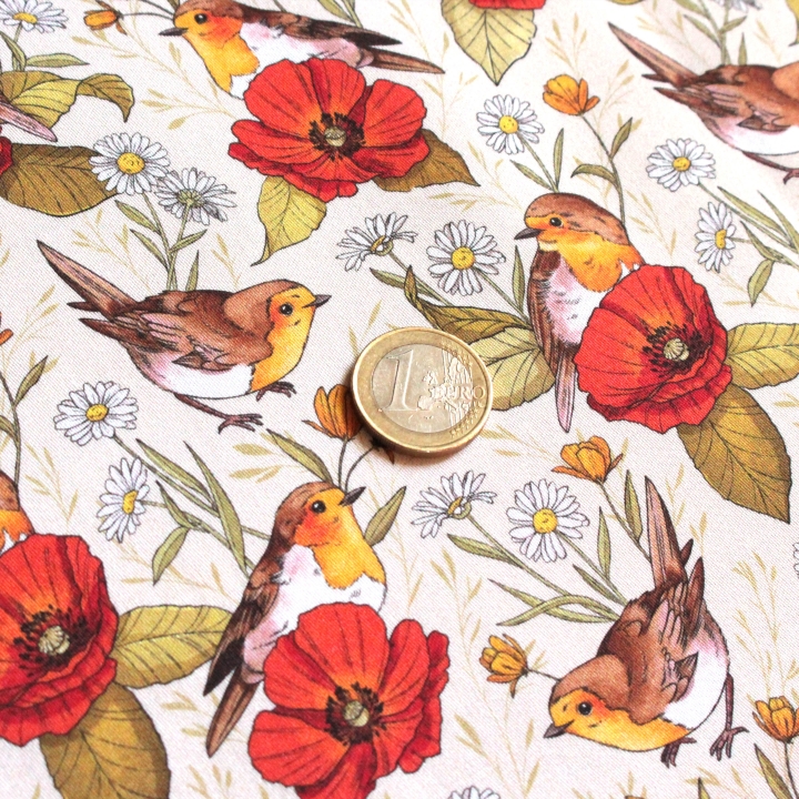 Tissu illustré "Rouges-gorges et coquelicots"