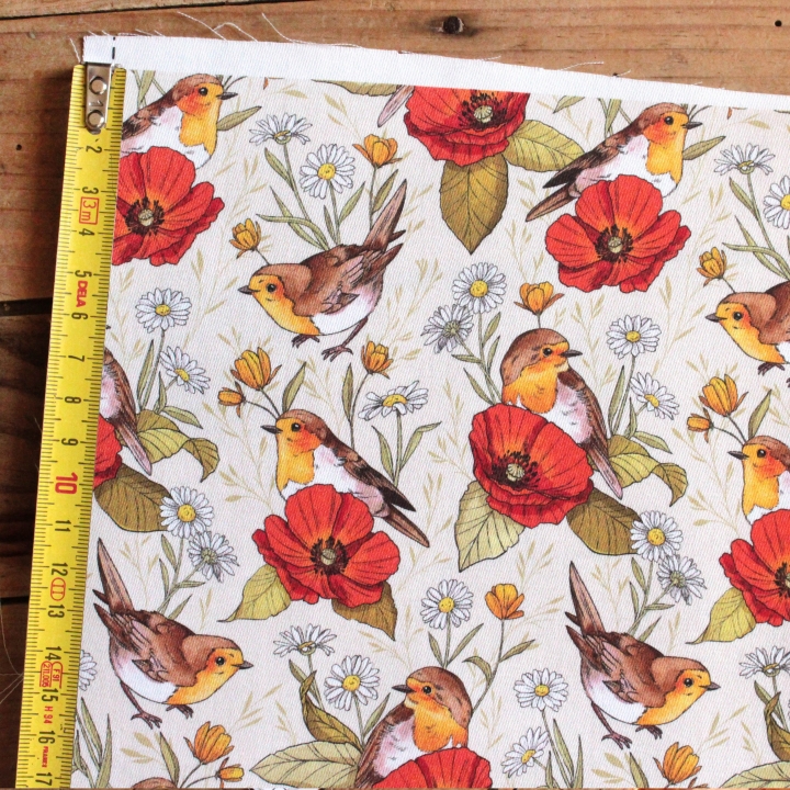 Tissu illustré "Rouges-gorges et coquelicots"