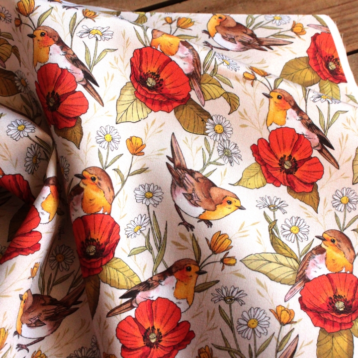 Tissu illustré "Rouges-gorges et coquelicots"