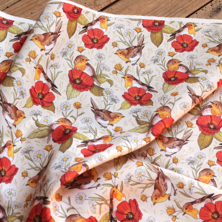 Tissu illustré "Rouges-gorges et coquelicots"