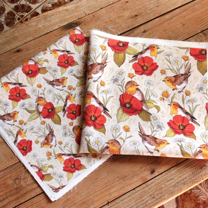 Tissu illustré "Rouges-gorges et coquelicots"