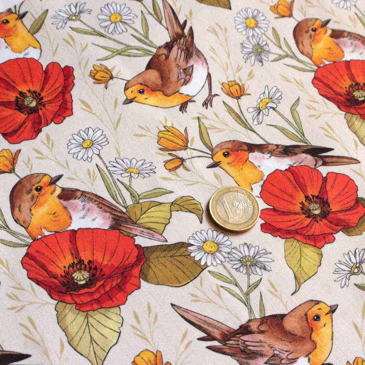Tissu illustré "Rouges-gorges et coquelicots"