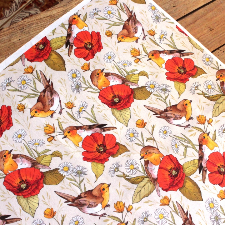 Tissu illustré "Rouges-gorges et coquelicots"