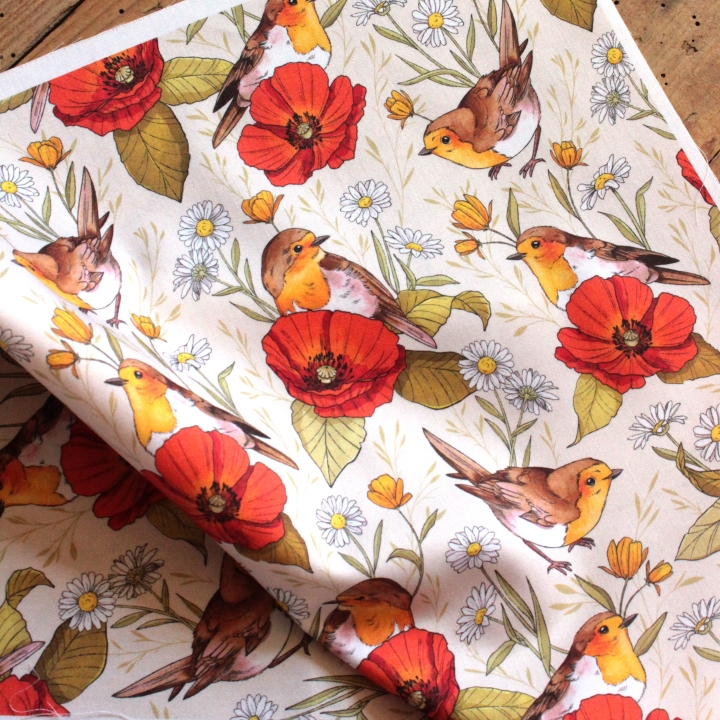 Tissu illustré "Rouges-gorges et coquelicots"