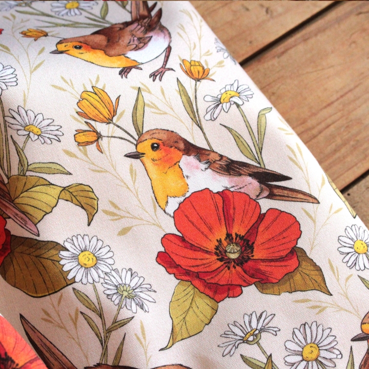 Tissu illustré "Rouges-gorges et coquelicots"