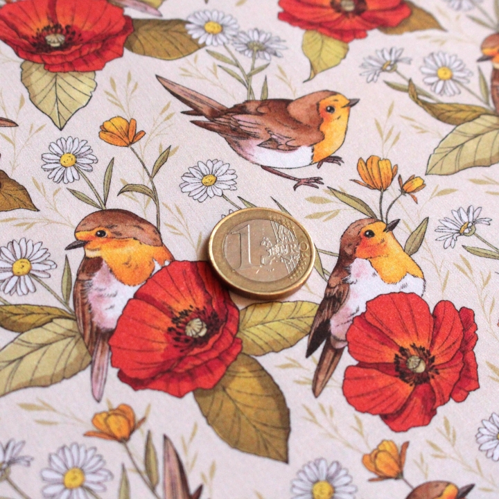 Coupon de tissu illustré "Rouges-gorges et coquelicots" 48x48 cm