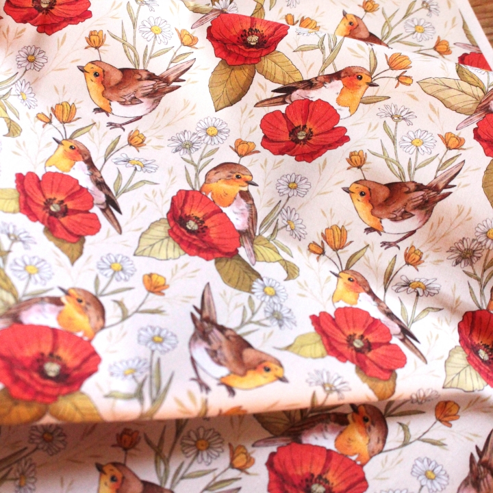 Coupon de tissu illustré "Rouges-gorges et coquelicots" 48x48 cm