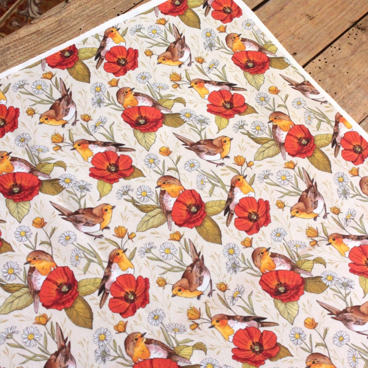 Coupon de tissu illustré "Rouges-gorges et coquelicots" 48x48 cm