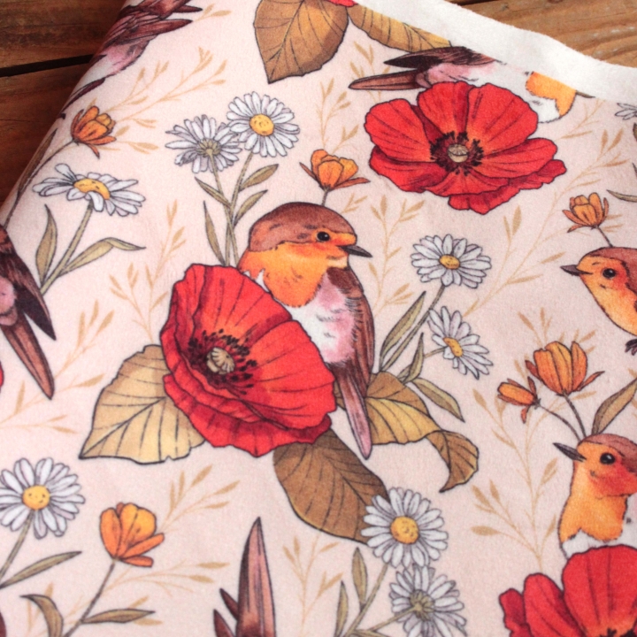 Tissu illustré "Rouges-gorges et coquelicots"