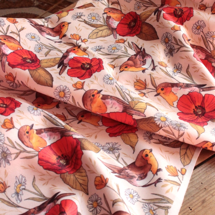 Tissu illustré "Rouges-gorges et coquelicots"