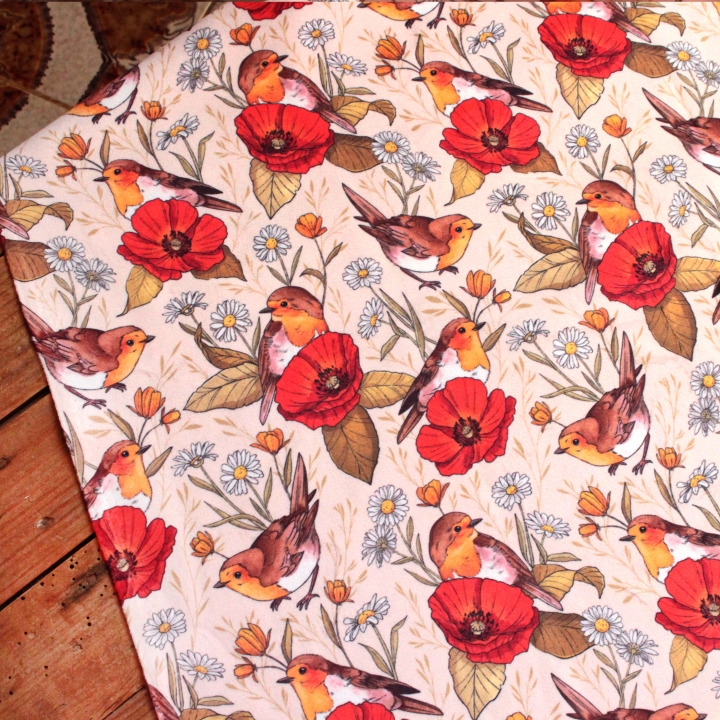 Tissu illustré "Rouges-gorges et coquelicots"