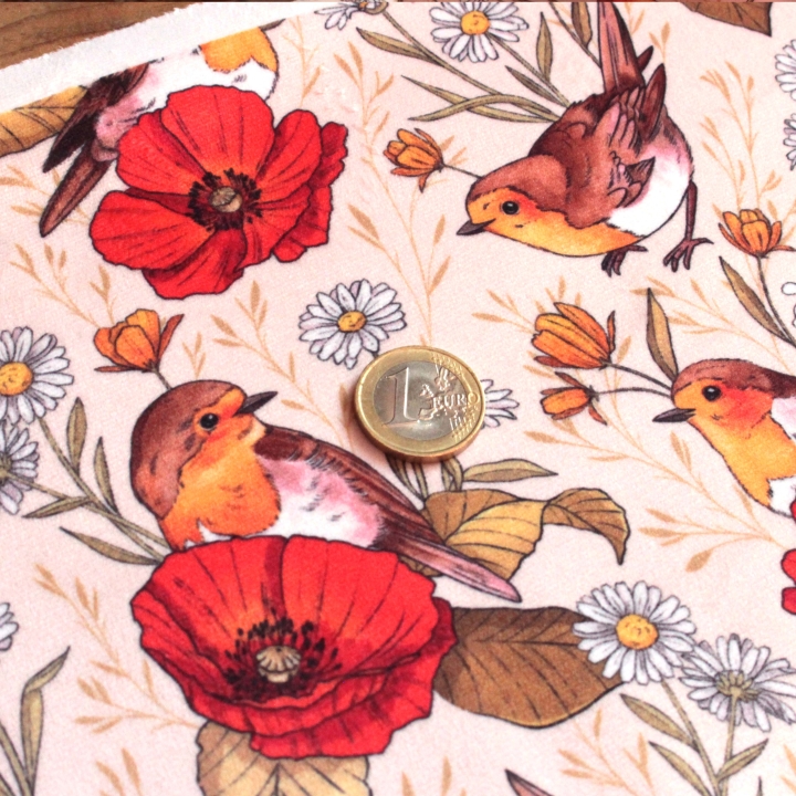 Tissu illustré "Rouges-gorges et coquelicots"