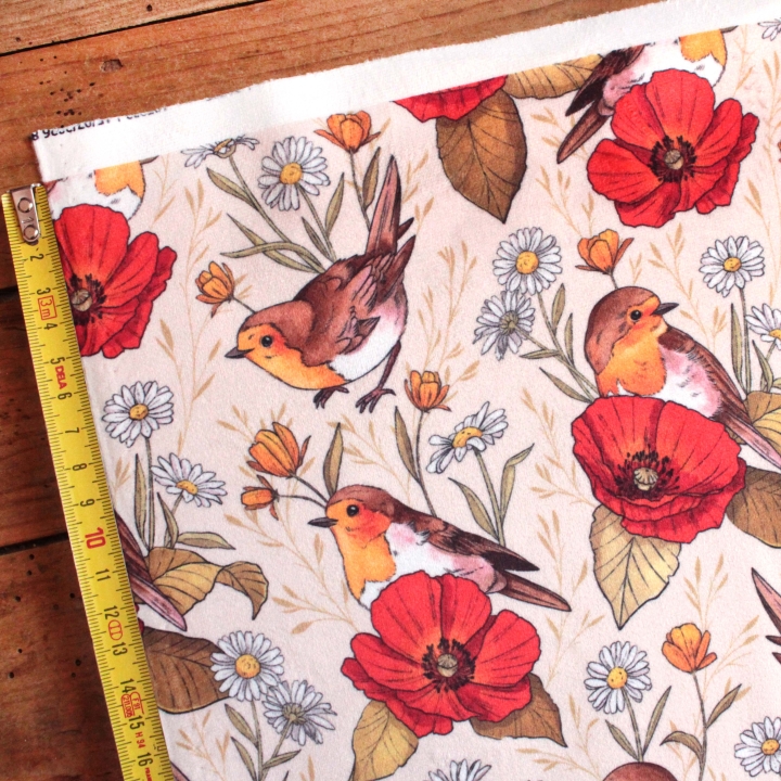 Tissu illustré "Rouges-gorges et coquelicots"