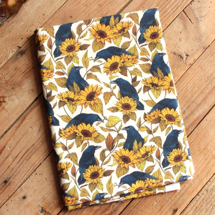 VIDE-ATELIER / 1m popeline - Corbeaux et tournesols - Taille S - Motif plus foncé