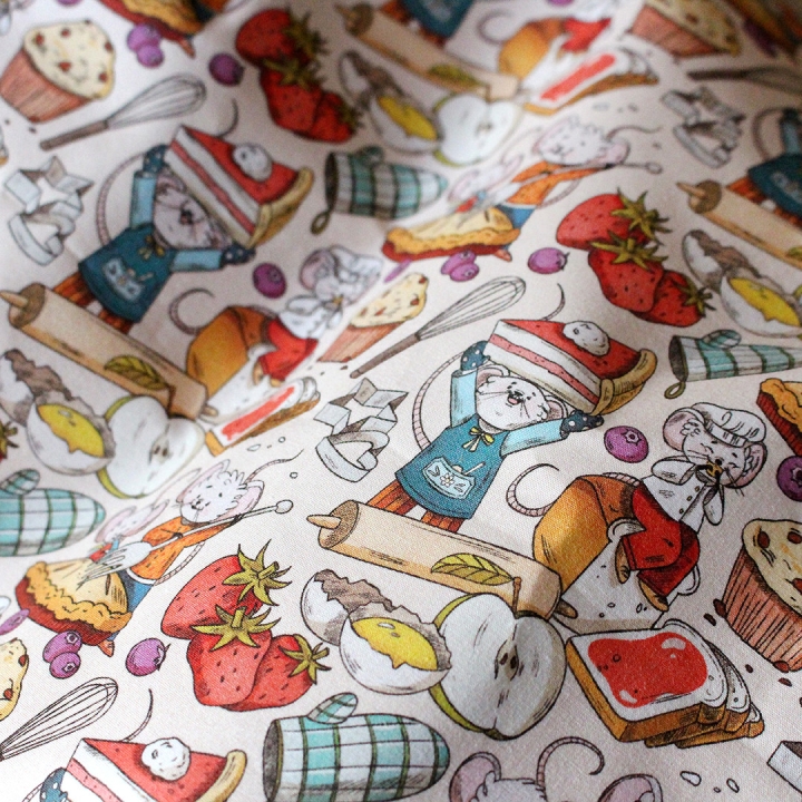 [PRECOMMANDE] Tissu popeline 100% coton / SOURIS PÂTISSERIE - Motif taille S