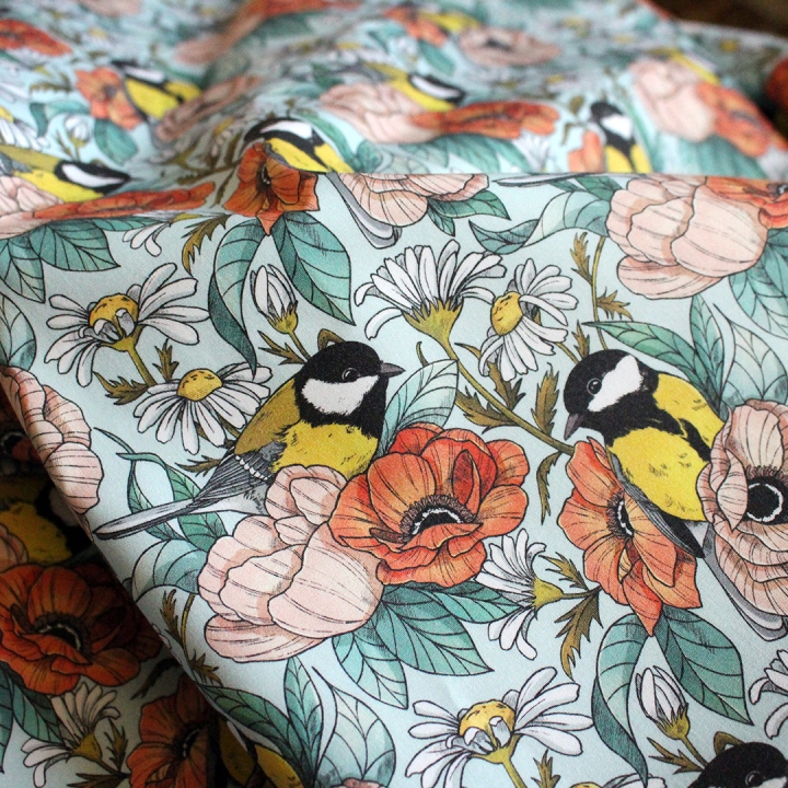 [PRECOMMANDE] Tissu popeline 100% coton / MÉSANGES - Motif taille S