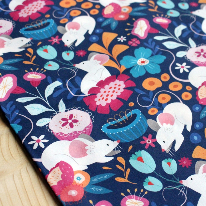 [PRECOMMANDE] Tissu popeline 100% coton / SOURIS FLEURS - Motif taille M