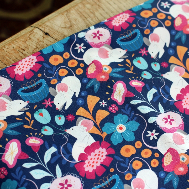 [PRECOMMANDE] Tissu popeline 100% coton / SOURIS FLEURS - Motif taille S