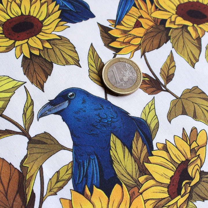 [PRECOMMANDE] Tissu popeline 100% coton / CORBEAUX & TOURNESOLS - Motif taille M