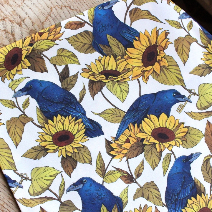 [PRECOMMANDE] Tissu popeline 100% coton / CORBEAUX & TOURNESOLS - Motif taille M