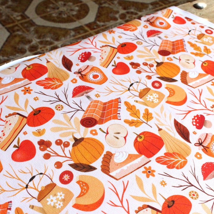 Coupon de tissu illustré "Automne cosy" 48x48 cm – Popeline & French Terry – motif automnale