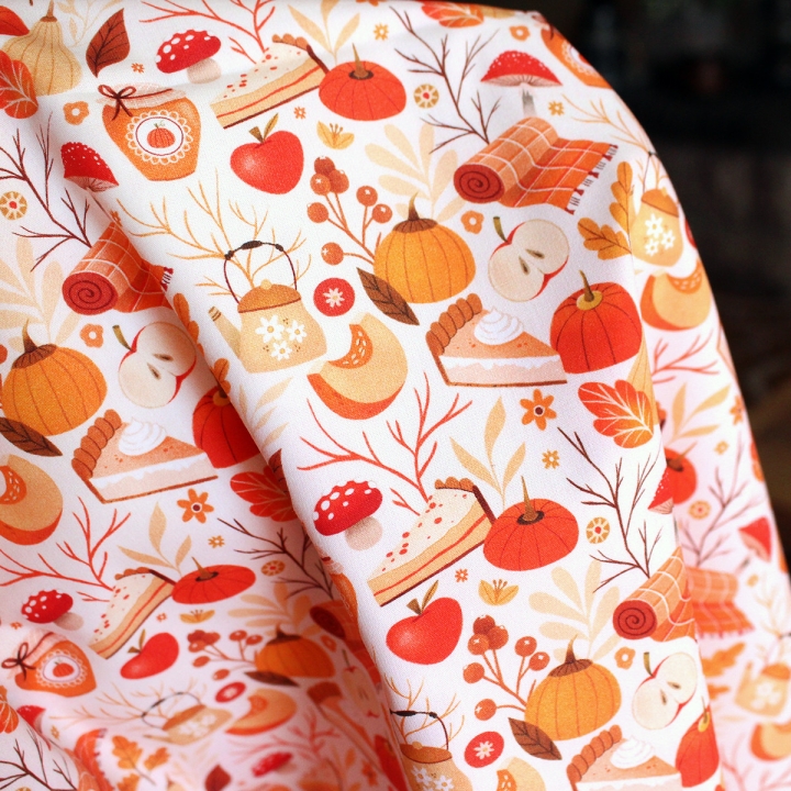 Tissu illustré "Automne cosy" – popeline, velours & French terry – motif automnal