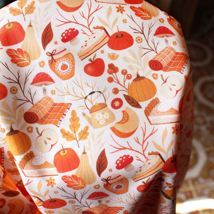 Tissu illustré "Automne cosy" – popeline, velours & French terry – motif automnal