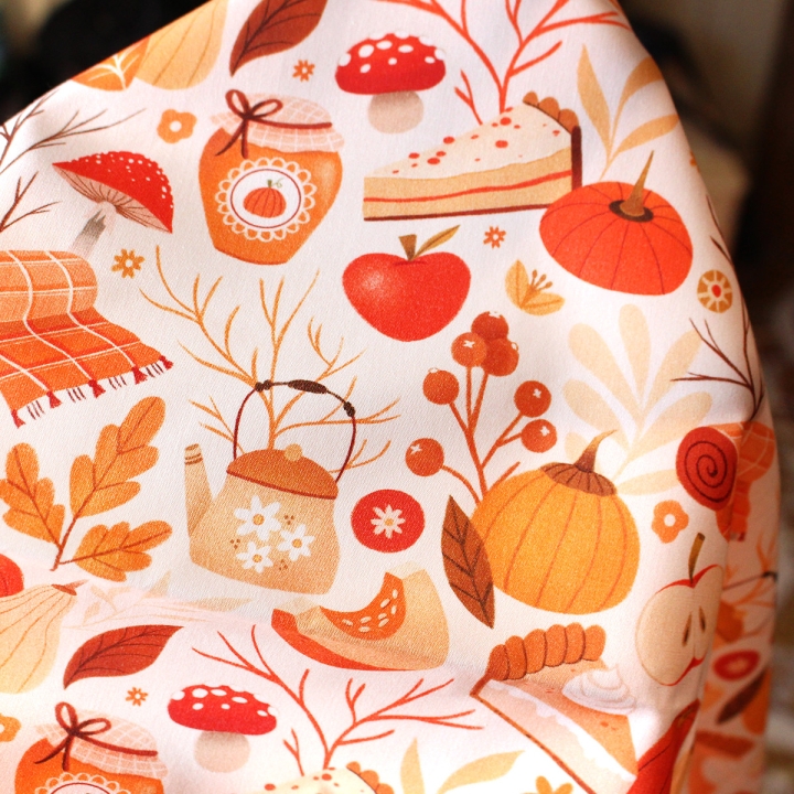 Tissu illustré "Automne cosy" – popeline, velours & French terry – motif automnal