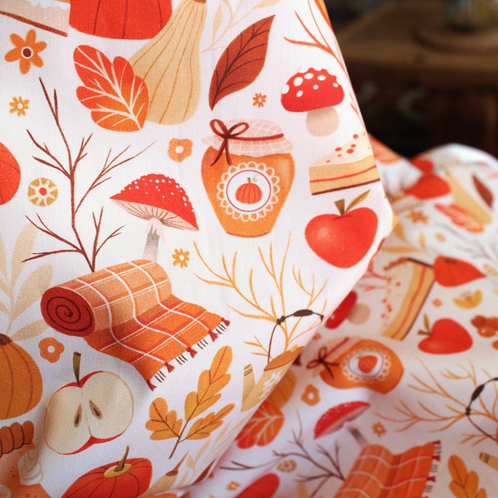 Tissu illustré "Automne cosy" – popeline, velours & French terry – motif automnal