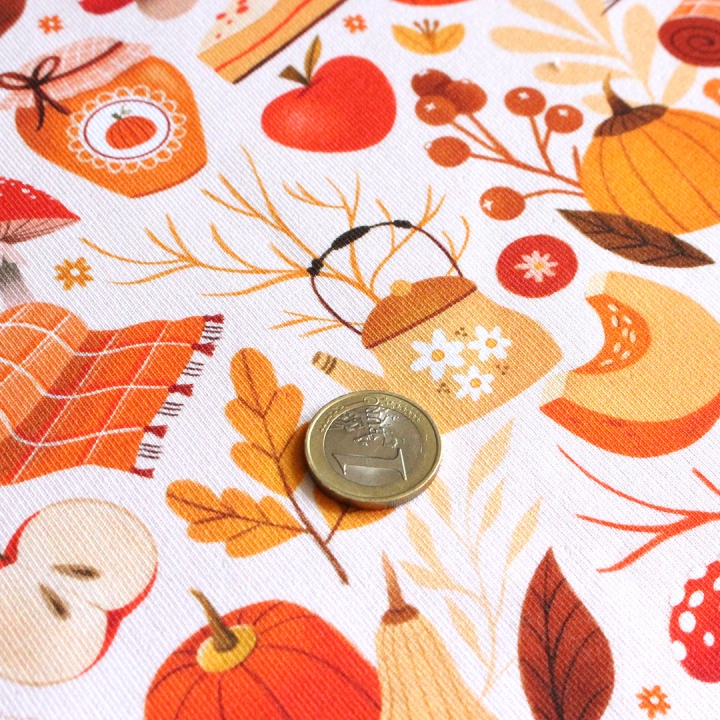 Tissu illustré "Automne cosy" – popeline, velours & French terry – motif automnal