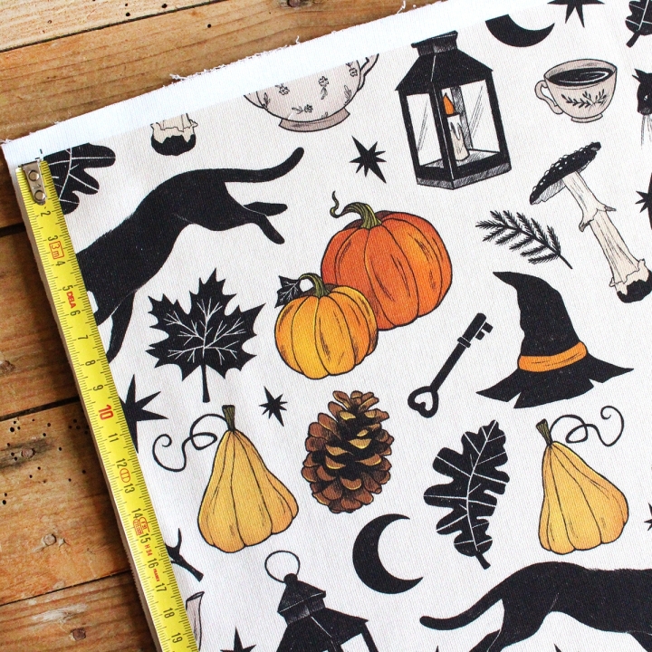 Coupon de tissu illustré "Autumn Witch" 48x48 cm – Popeline & French Terry – motif automnale, sorcière