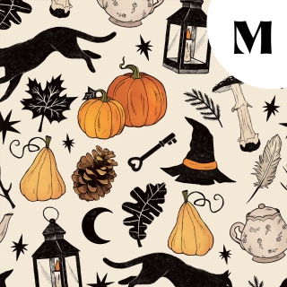 Coupon de tissu illustré "Autumn Witch" 48x48 cm – Popeline & French Terry – motif automnale, sorcière