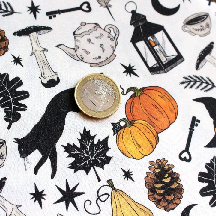 Coupon de tissu illustré "Autumn Witch" 48x48 cm – Popeline & French Terry – motif automnale, sorcière