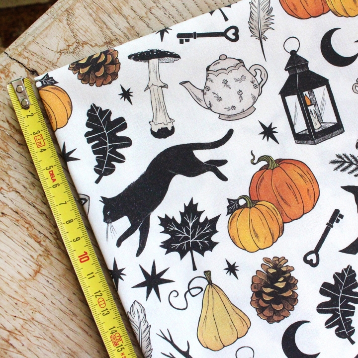 Tissu illustré "Autumn Witch"  – popeline, velours & French terry – motif sorcière, automnal