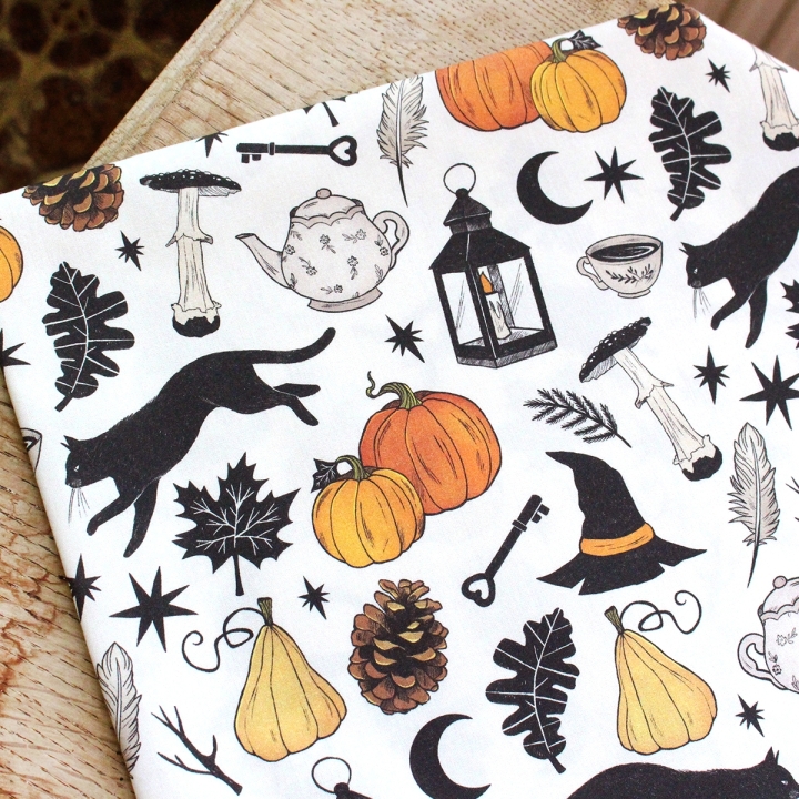 Tissu illustré "Autumn Witch"  – popeline, velours & French terry – motif sorcière, automnal