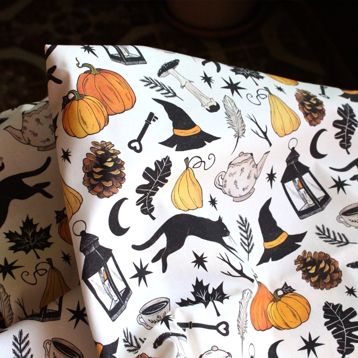 Tissu illustré "Autumn Witch"  – popeline, velours & French terry – motif sorcière, automnal