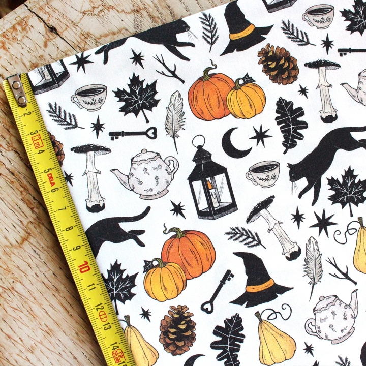 Tissu illustré "Autumn Witch"  – popeline, velours & French terry – motif sorcière, automnal